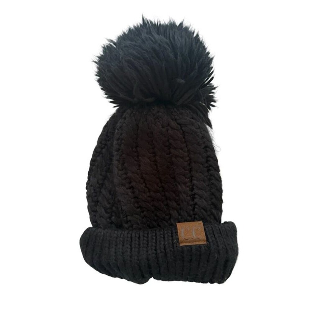 C.C Women’s Thick Black Knit Pom Beanie Winter Hat One Size Cozy Winter Warm
